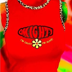 OMIGHTY: "IM OK IM ALIVE BABY TANK IN RED WITH LEOPARD PRINT TRIMMING- NEW!